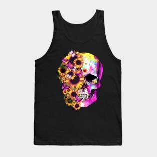 Tattoo skull floral sunflowers watercolor design Tank Top